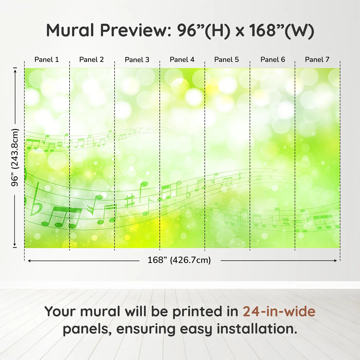 Whimsy Tots Green Music Meadow Wall Muraldimension view (96" H x 168" W). Printed in seven 24-inch-wide panels. Gender-Neutral