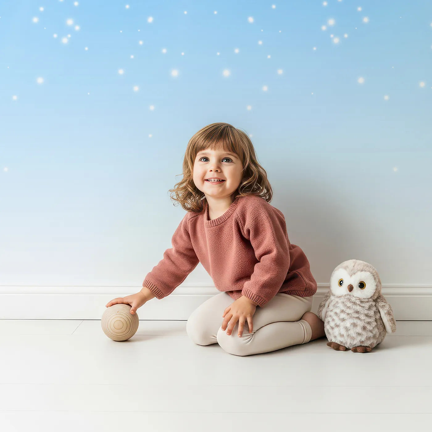 Child in front of Whimsy Tots Rainbow Sunshine Wall Mural with rainbow, sun, sky, sparkle, light, blue, colorful, magical in design.