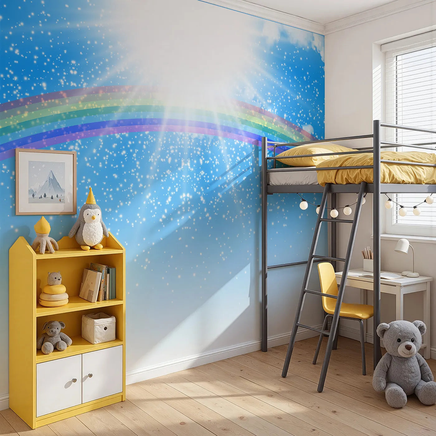 Angled view of Whimsy Tots' Rainbow Sunshine Wall Mural (Turn Their Room into a Sky of Pure Joy and Light).Gender-Neutral