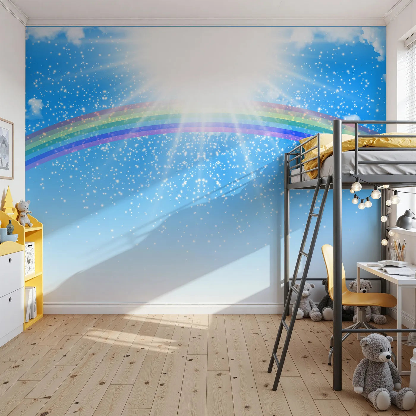 Front view of Whimsy Tots' Rainbow Sunshine Wall Mural