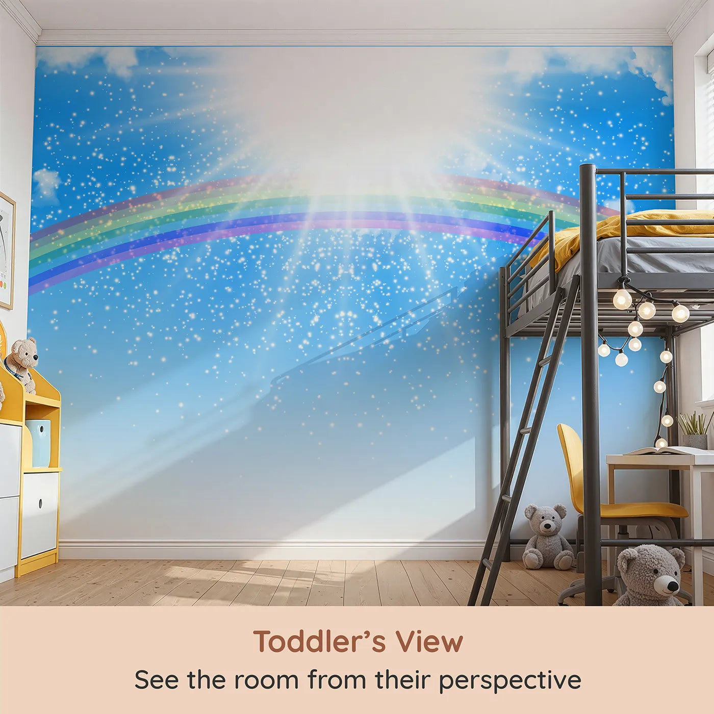 Whimsy Tots Rainbow Sunshine Wall Mural (Turn Their Room into a Sky of Pure Joy and Light) from your child's view.Gender-Neutral