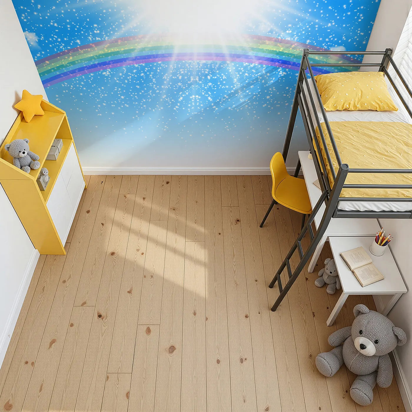 Top-down view of Whimsy Tots' Rainbow Sunshine Wall Mural (Turn Their Room into a Sky of Pure Joy and Light).Gender-Neutral