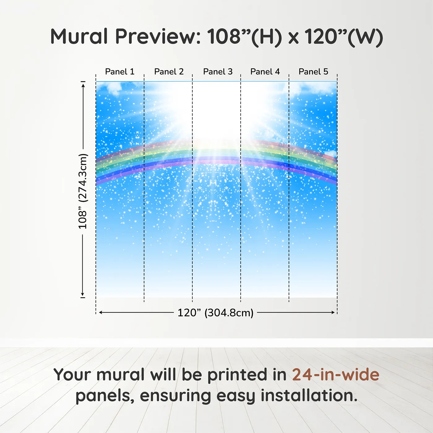 Whimsy Tots Rainbow Sunshine Wall Muraldimension view (108" H x 120" W). Printed in five 24-inch-wide panels. Gender-Neutral
