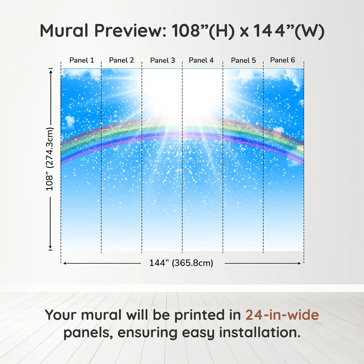 Whimsy Tots Rainbow Sunshine Wall Muraldimension view (108" H x 144" W). Printed in six 24-inch-wide panels. Gender-Neutral