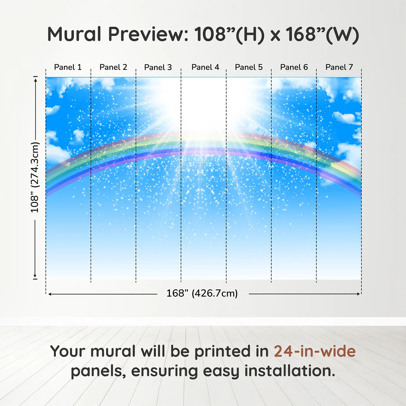 Whimsy Tots Rainbow Sunshine Wall Muraldimension view (108" H x 168" W). Printed in seven 24-inch-wide panels. Gender-Neutral