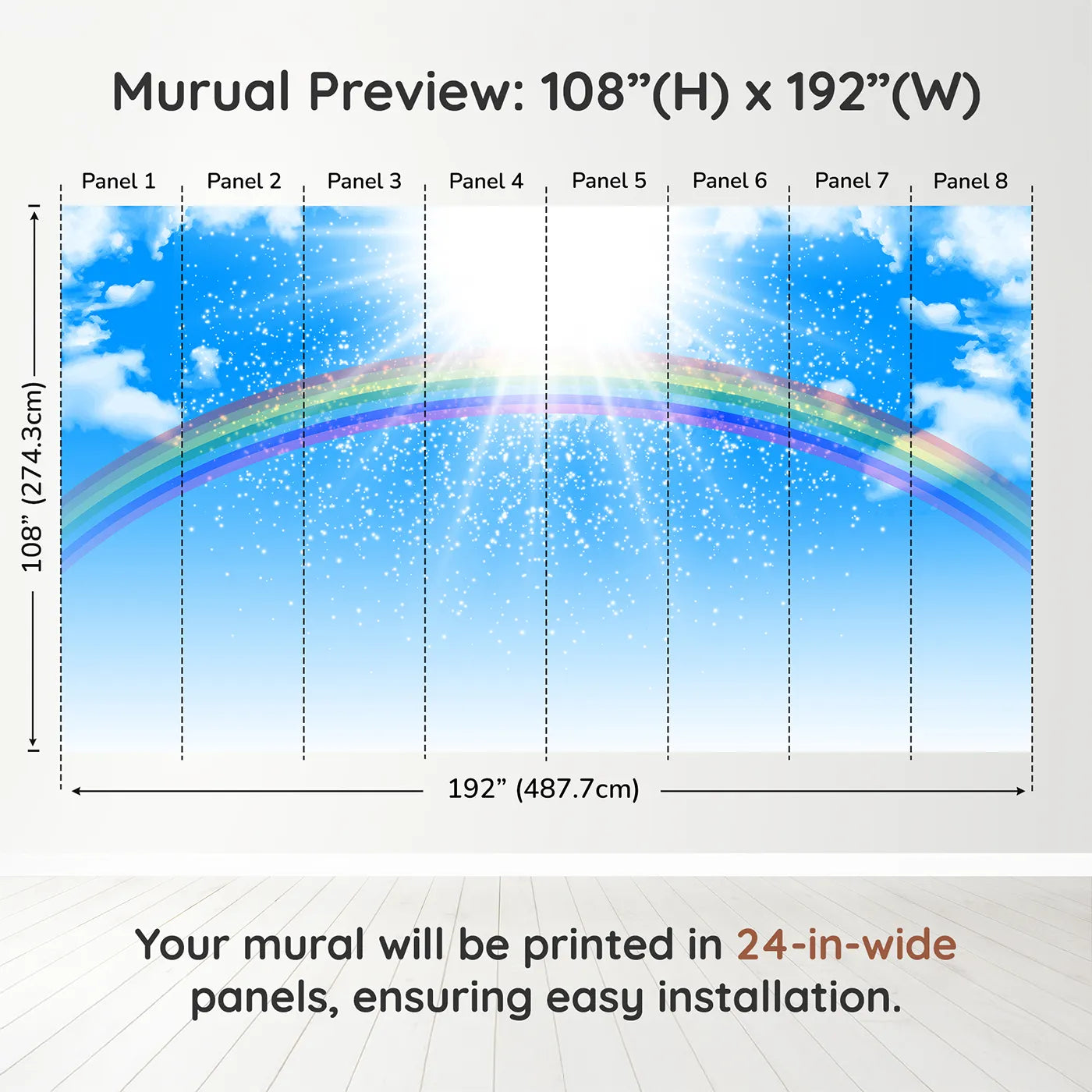 Whimsy Tots Rainbow Sunshine Wall Muraldimension view (108" H x 192" W). Printed in eight 24-inch-wide panels. Gender-Neutral