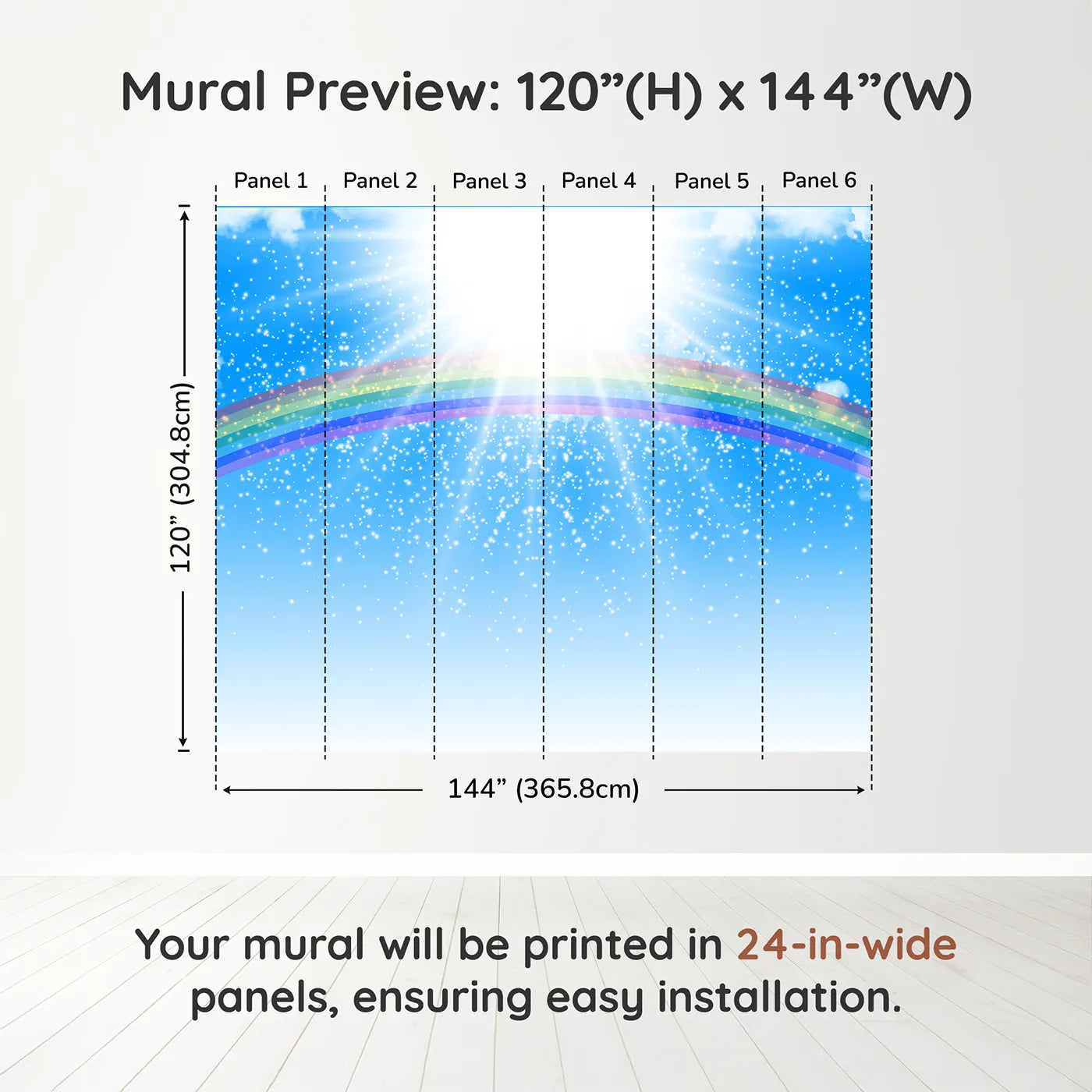 Whimsy Tots Rainbow Sunshine Wall Muraldimension view (120" H x 144" W). Printed in six 24-inch-wide panels. Gender-Neutral