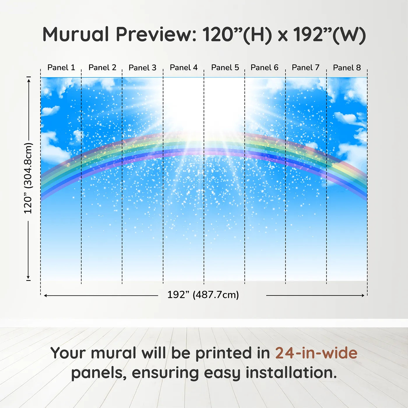 Whimsy Tots Rainbow Sunshine Wall Muraldimension view (120" H x 192" W). Printed in eight 24-inch-wide panels. Gender-Neutral