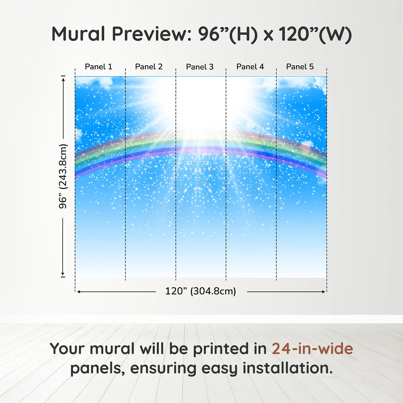 Whimsy Tots Rainbow Sunshine Wall Muraldimension view (96" H x 120" W). Printed in five 24-inch-wide panels. Gender-Neutral