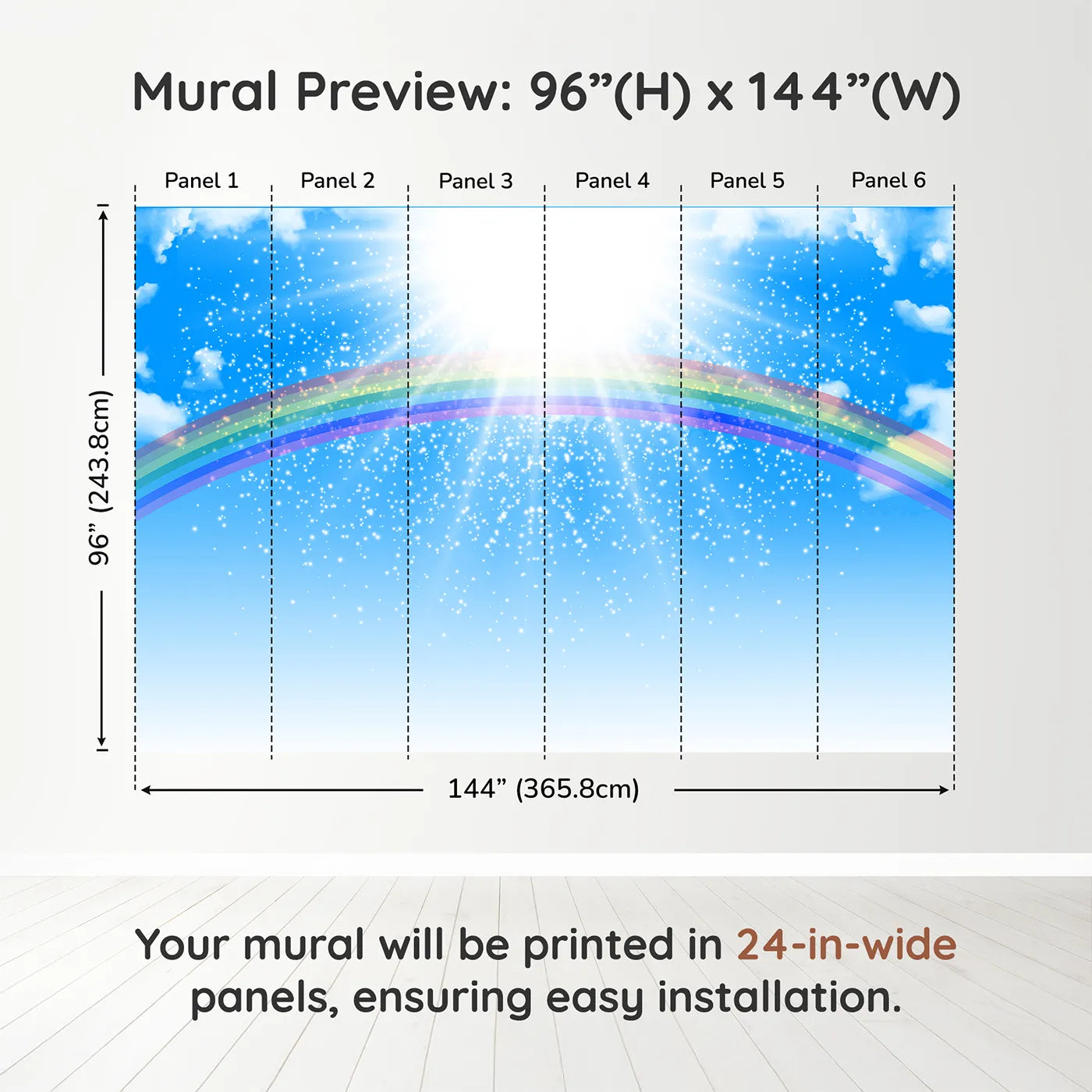 Whimsy Tots Rainbow Sunshine Wall Muraldimension view (96" H x 144" W). Printed in six 24-inch-wide panels. Gender-Neutral
