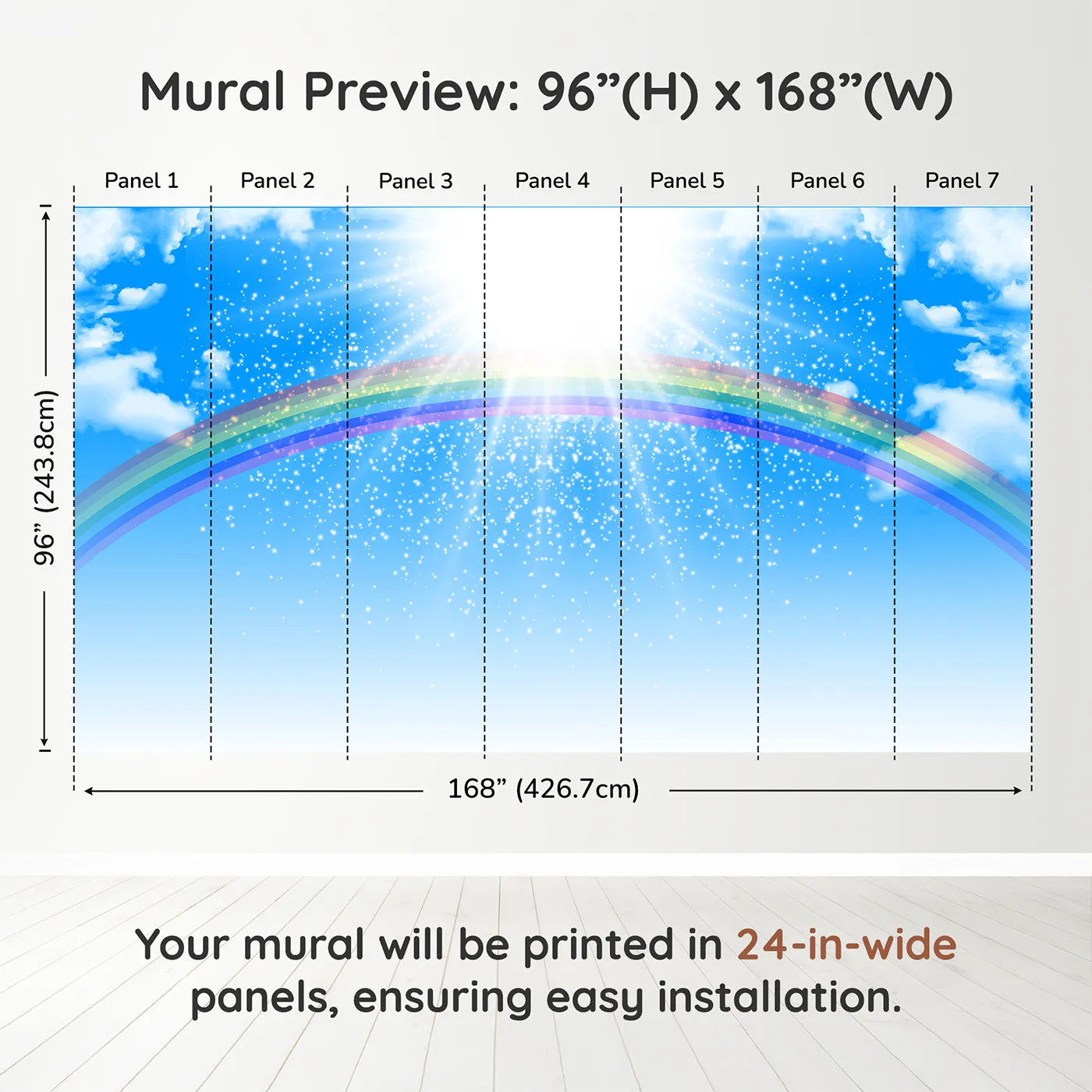 Whimsy Tots Rainbow Sunshine Wall Muraldimension view (96" H x 168" W). Printed in seven 24-inch-wide panels. Gender-Neutral