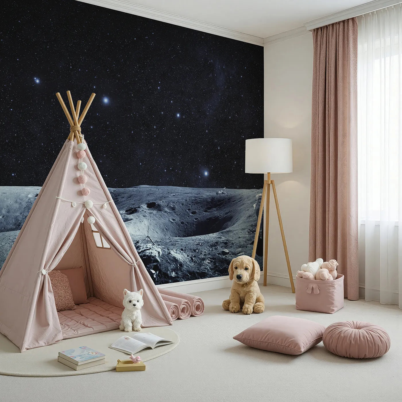 Angled view of Whimsy Tots' Astronaut on the Moon Wall Mural (Turn Their Room into an Epic, Lunar Landscape).Gender-Neutral
