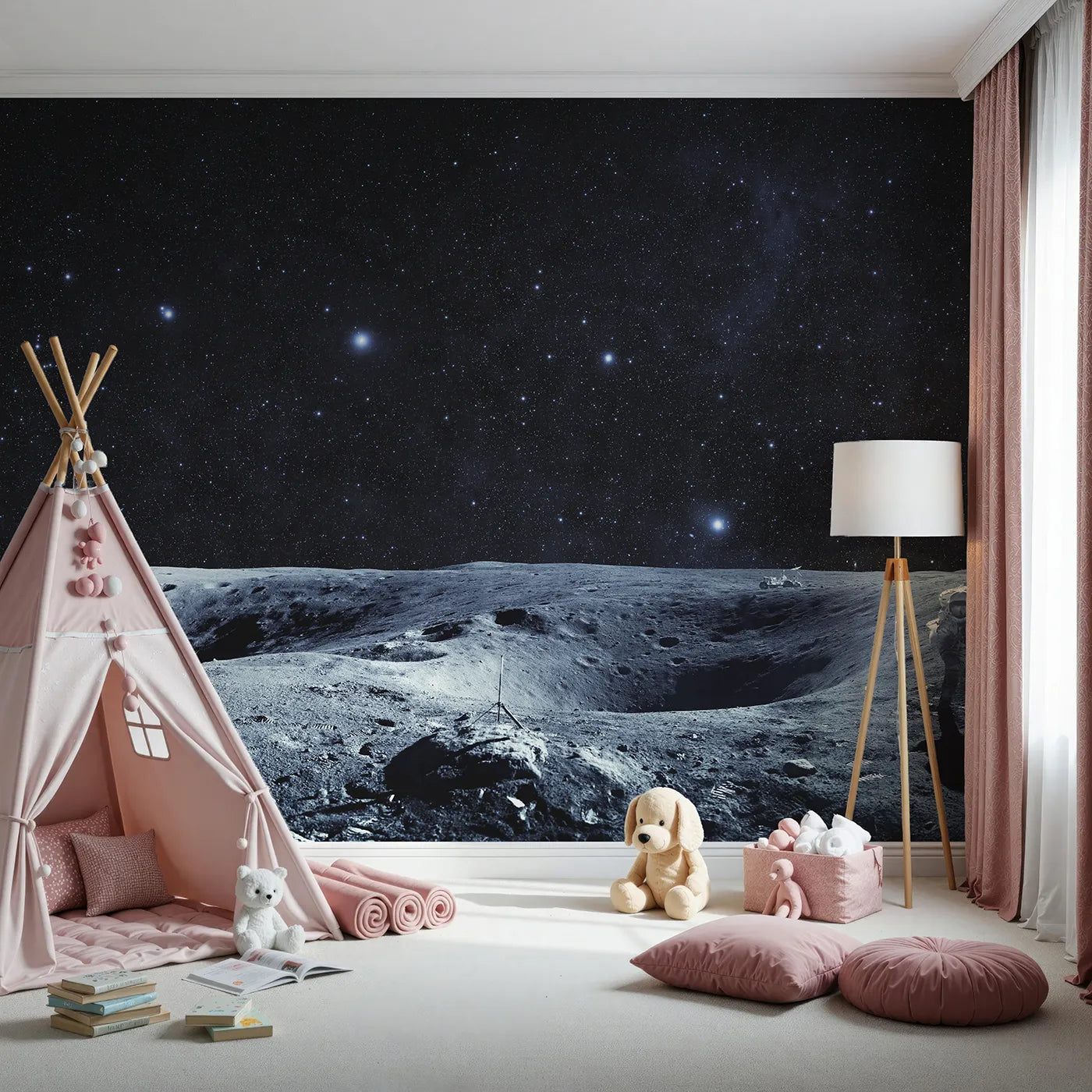 Front view of Whimsy Tots' Astronaut on the Moon Wall Mural