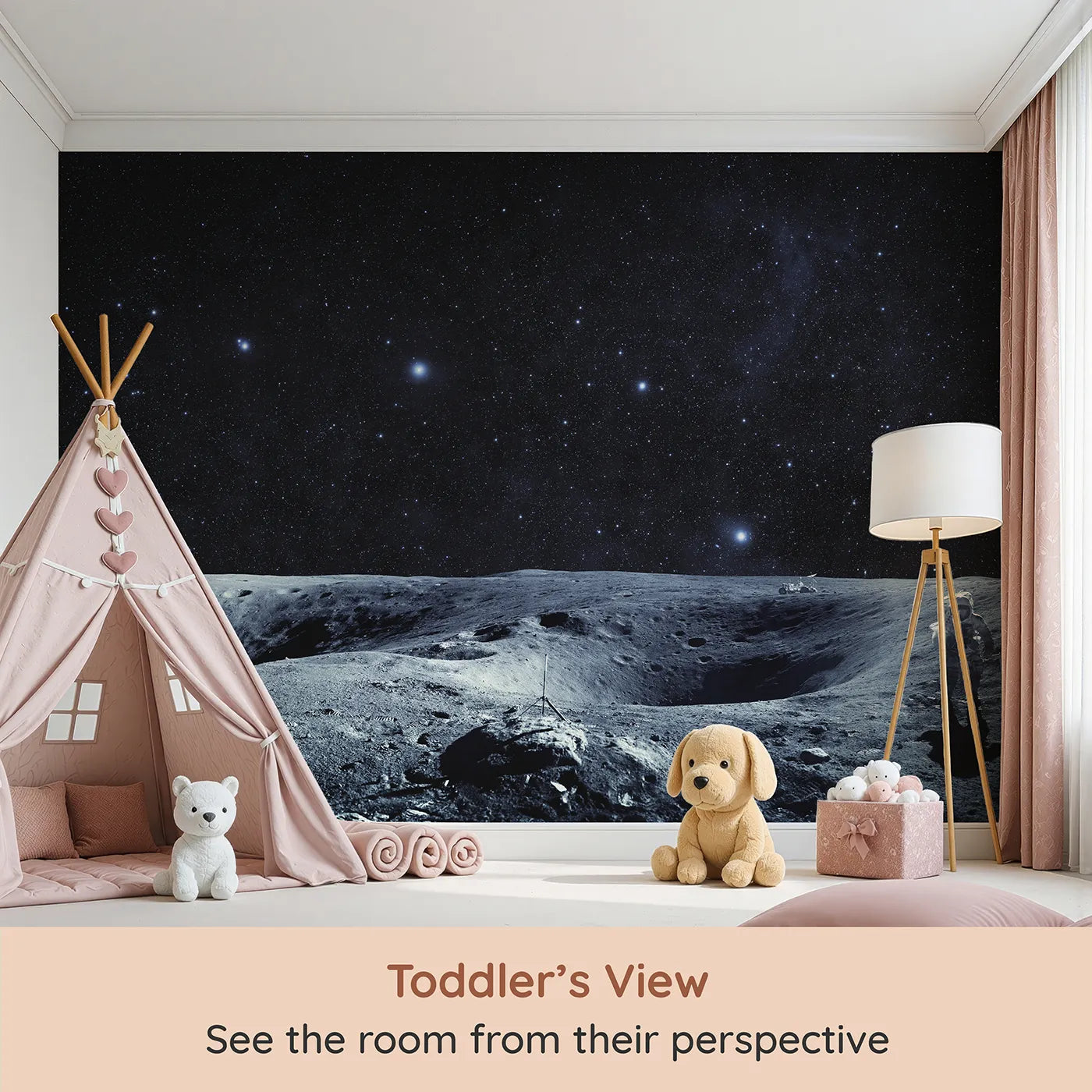 Whimsy Tots Astronaut on the Moon Wall Mural (Turn Their Room into an Epic, Lunar Landscape) from your child's view.Gender-Neutral
