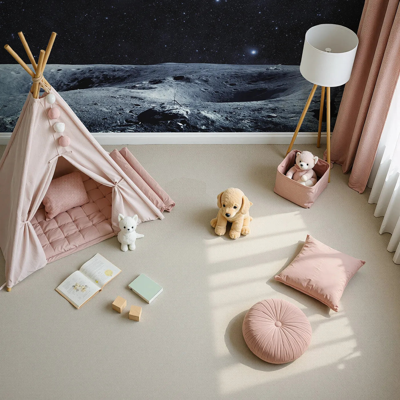 Top-down view of Whimsy Tots' Astronaut on the Moon Wall Mural (Turn Their Room into an Epic, Lunar Landscape).Gender-Neutral