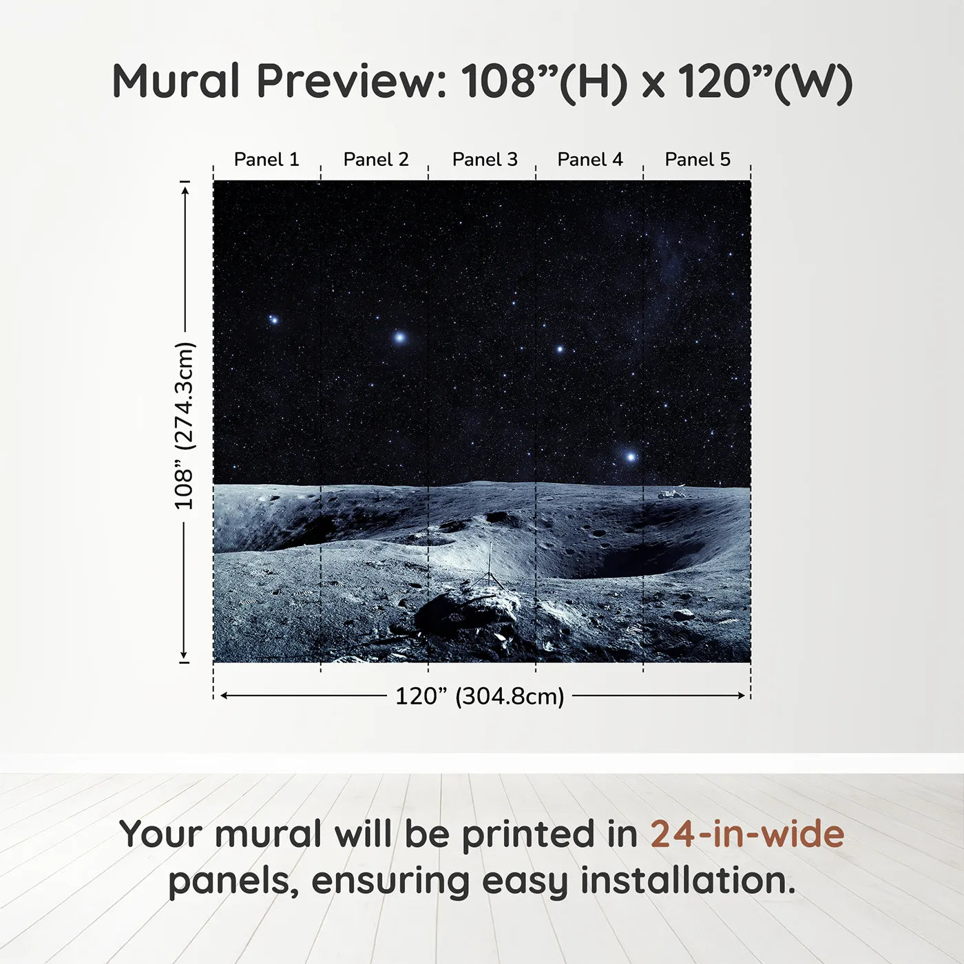 Whimsy Tots Astronaut on the Moon Wall Muraldimension view (108" H x 120" W). Printed in five 24-inch-wide panels. Gender-Neutral