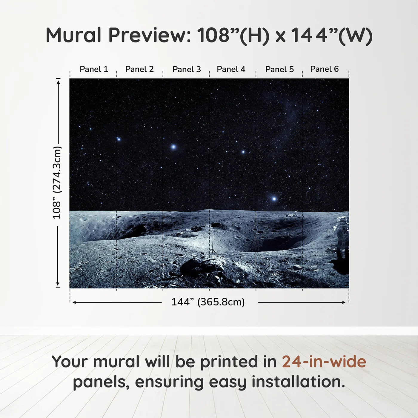 Whimsy Tots Astronaut on the Moon Wall Muraldimension view (108" H x 144" W). Printed in six 24-inch-wide panels. Gender-Neutral