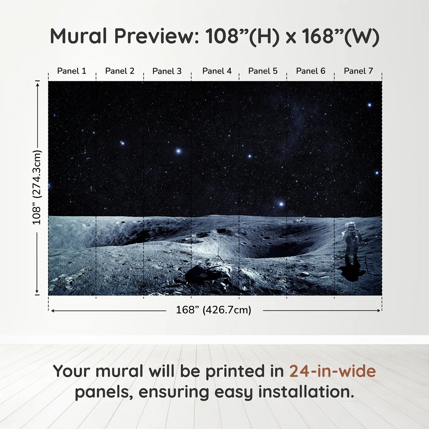 Whimsy Tots Astronaut on the Moon Wall Muraldimension view (108" H x 168" W). Printed in seven 24-inch-wide panels. Gender-Neutral