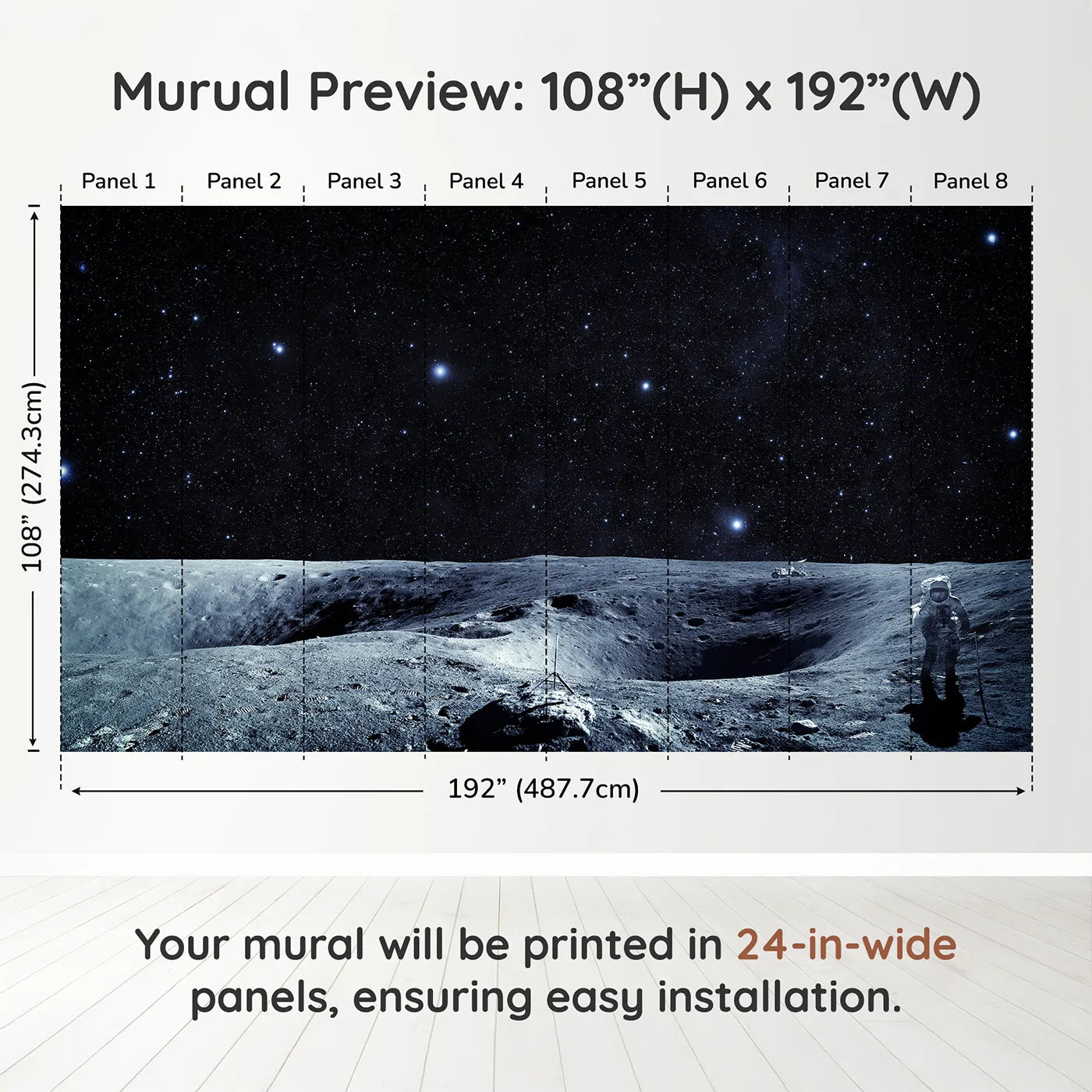 Whimsy Tots Astronaut on the Moon Wall Muraldimension view (108" H x 192" W). Printed in eight 24-inch-wide panels. Gender-Neutral
