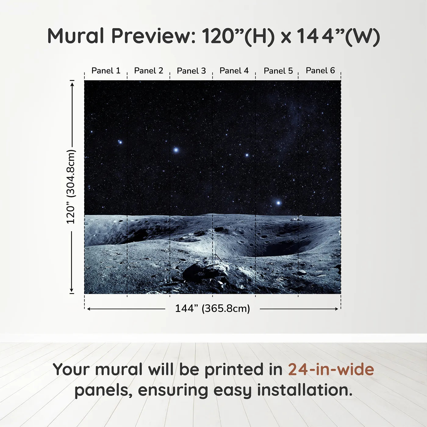 Whimsy Tots Astronaut on the Moon Wall Muraldimension view (120" H x 144" W). Printed in six 24-inch-wide panels. Gender-Neutral