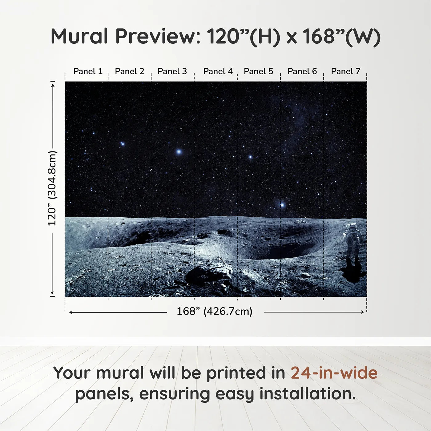 Whimsy Tots Astronaut on the Moon Wall Muraldimension view (120" H x 168" W). Printed in seven 24-inch-wide panels. Gender-Neutral