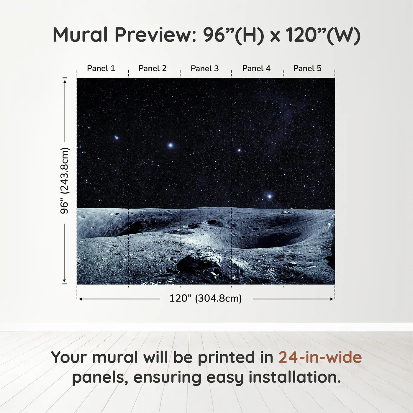 Whimsy Tots Astronaut on the Moon Wall Muraldimension view (96" H x 120" W). Printed in five 24-inch-wide panels. Gender-Neutral