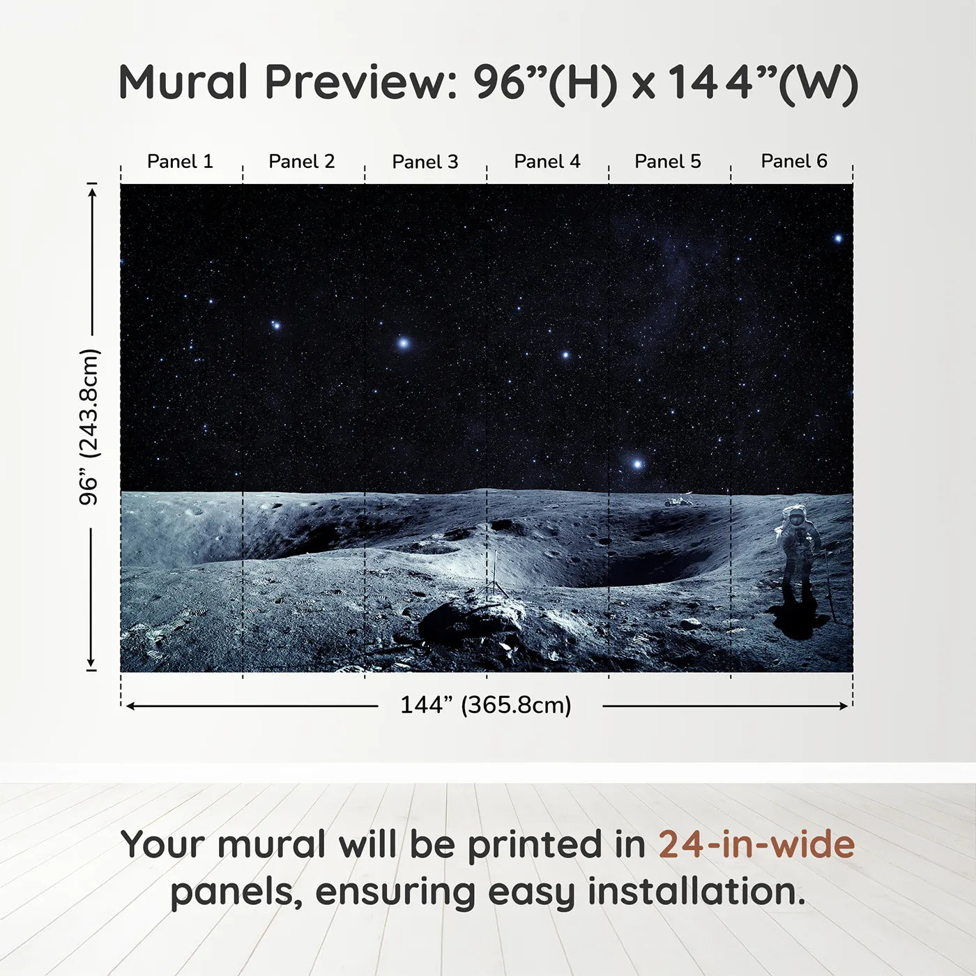 Whimsy Tots Astronaut on the Moon Wall Muraldimension view (96" H x 144" W). Printed in six 24-inch-wide panels. Gender-Neutral