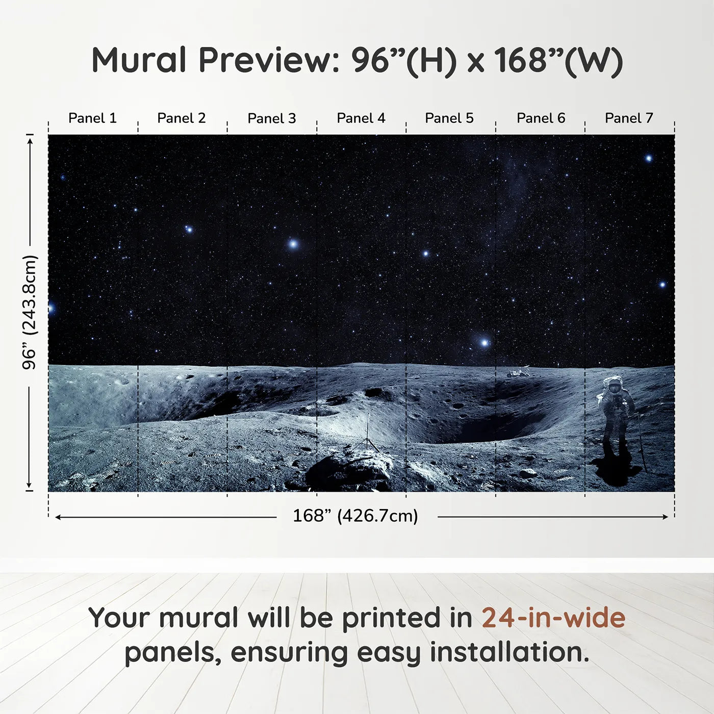 Whimsy Tots Astronaut on the Moon Wall Muraldimension view (96" H x 168" W). Printed in seven 24-inch-wide panels. Gender-Neutral