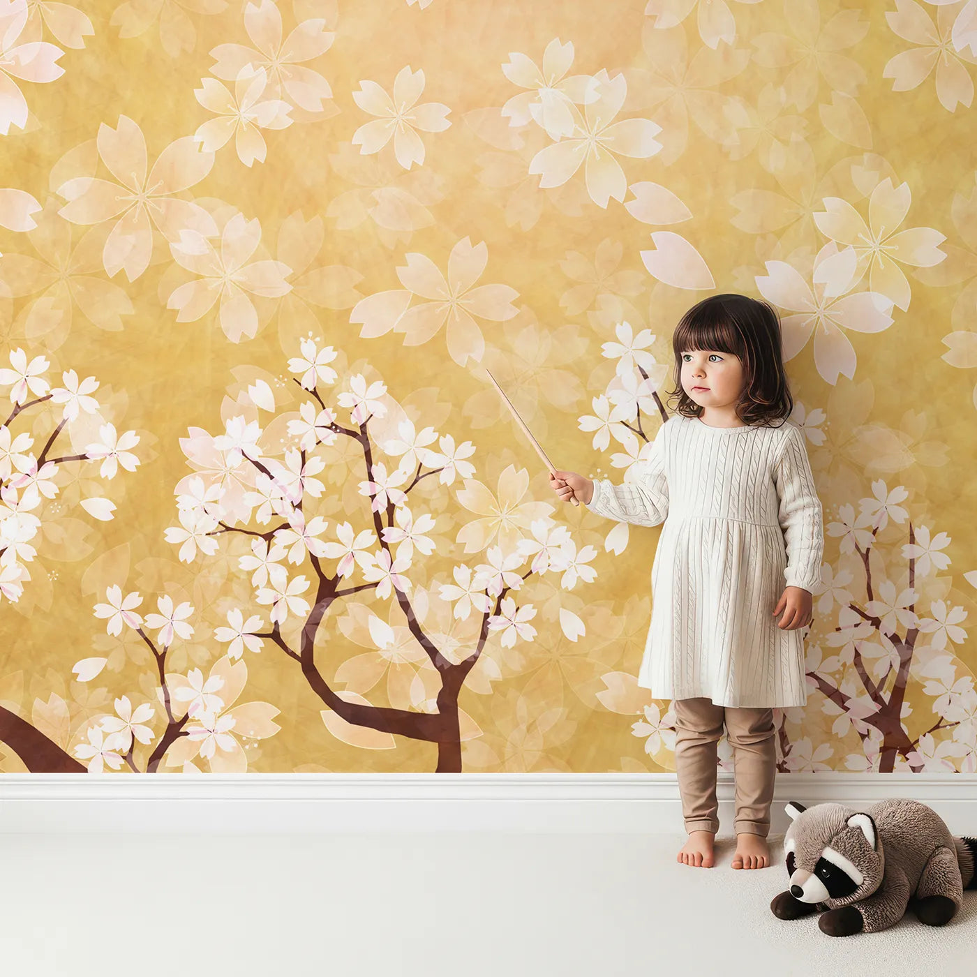 Child in front of Whimsy Tots Golden Blossom Wall Mural with flower, blossom, branch, gold, yellow, white, neutral, simple in design.