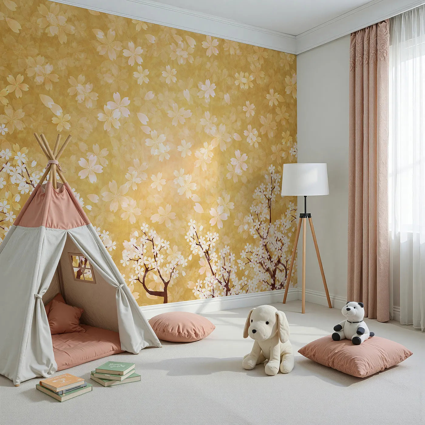 Angled view of Whimsy Tots' Golden Blossom Wall Mural (Turn Their Room into a Garden of Gentle, Golden Beauty).Gender-Neutral