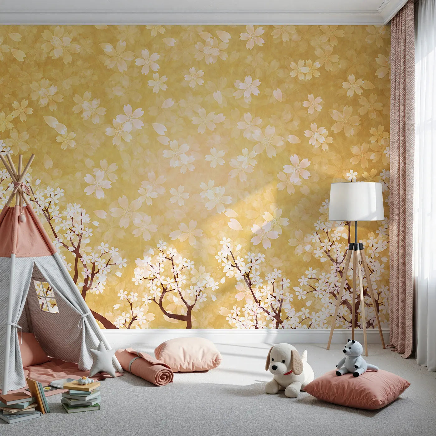 Front view of Whimsy Tots' Golden Blossom Wall Mural