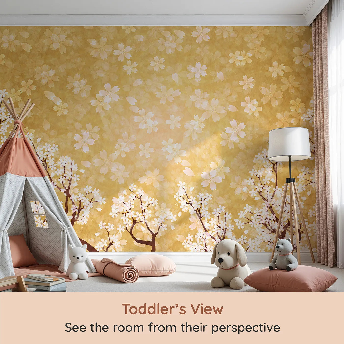 Whimsy Tots Golden Blossom Wall Mural (Turn Their Room into a Garden of Gentle, Golden Beauty) from your child's view.Gender-Neutral