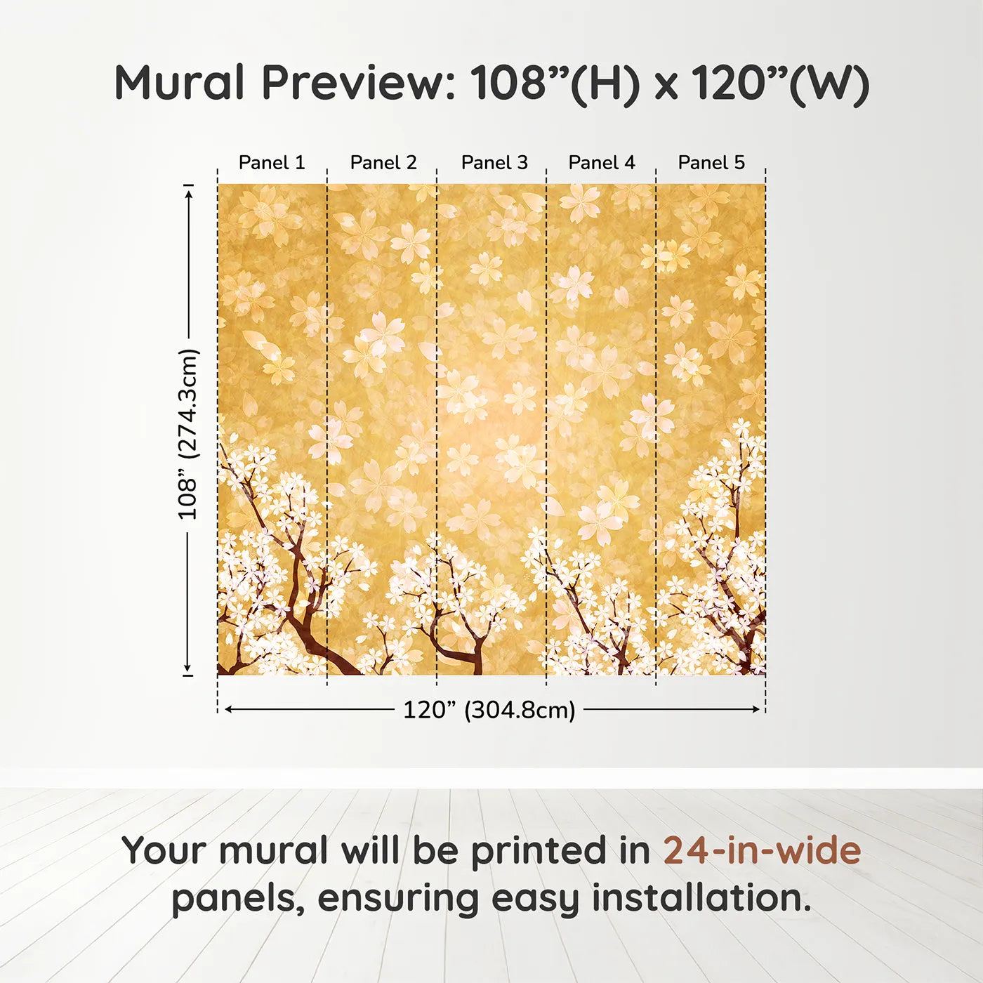 Whimsy Tots Golden Blossom Wall Muraldimension view (108" H x 120" W). Printed in five 24-inch-wide panels. Gender-Neutral