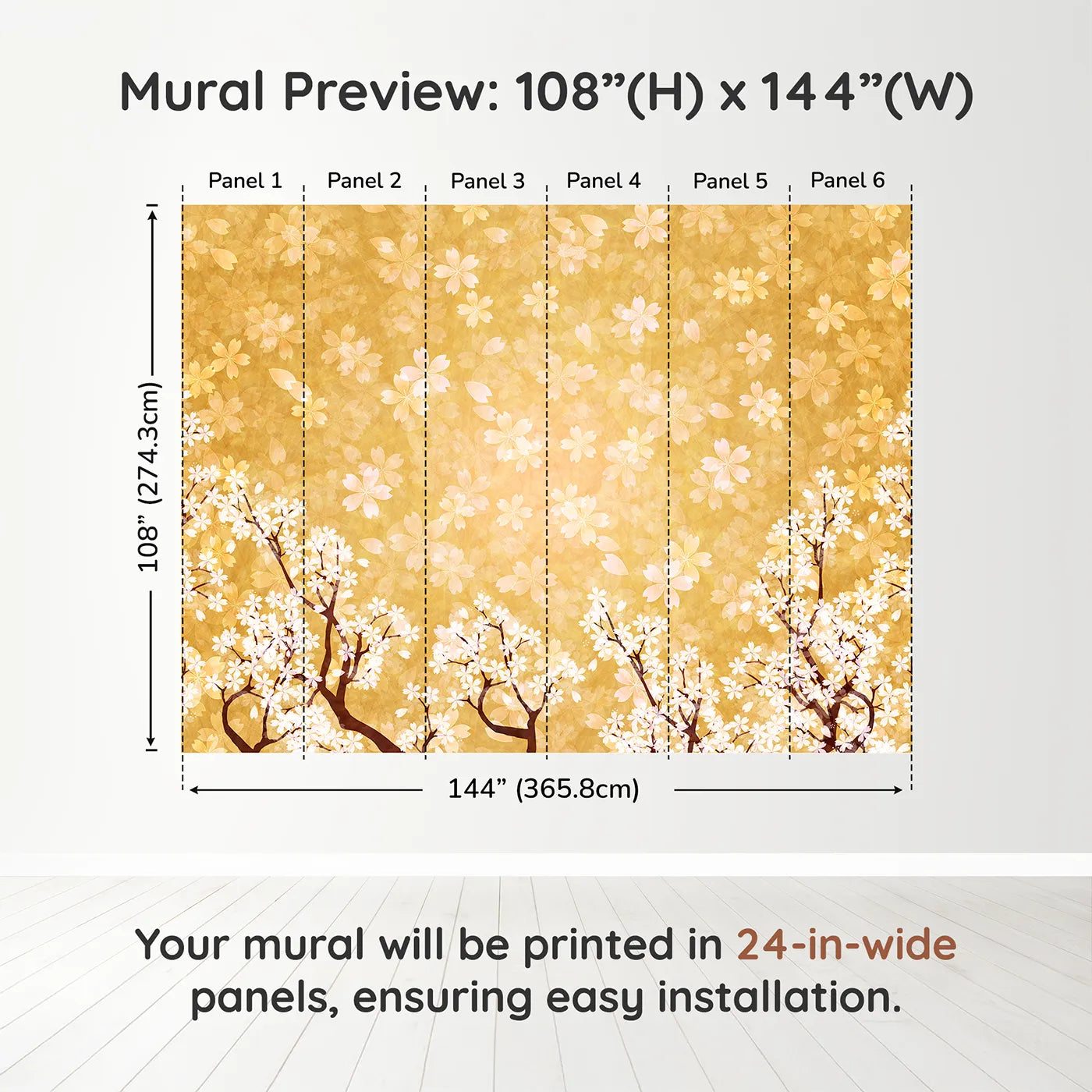 Whimsy Tots Golden Blossom Wall Muraldimension view (108" H x 144" W). Printed in six 24-inch-wide panels. Gender-Neutral