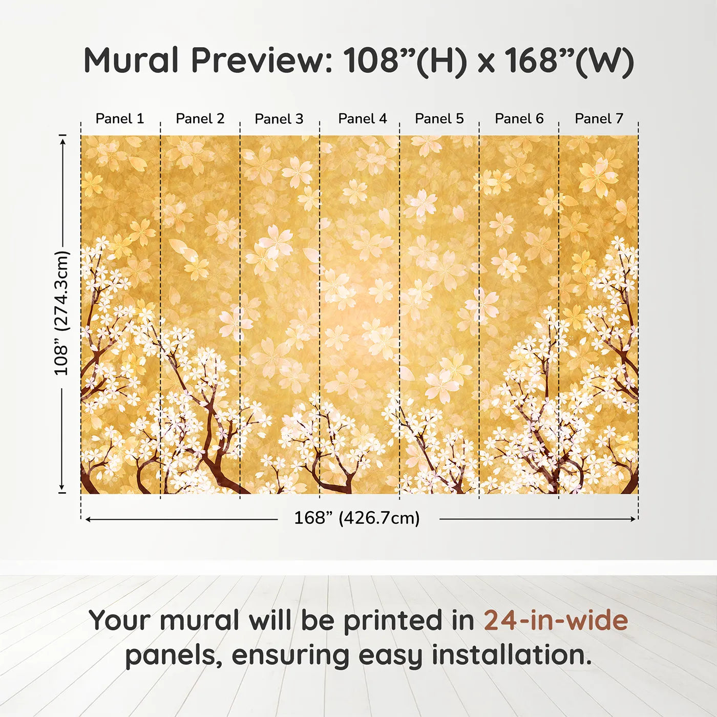Whimsy Tots Golden Blossom Wall Muraldimension view (108" H x 168" W). Printed in seven 24-inch-wide panels. Gender-Neutral