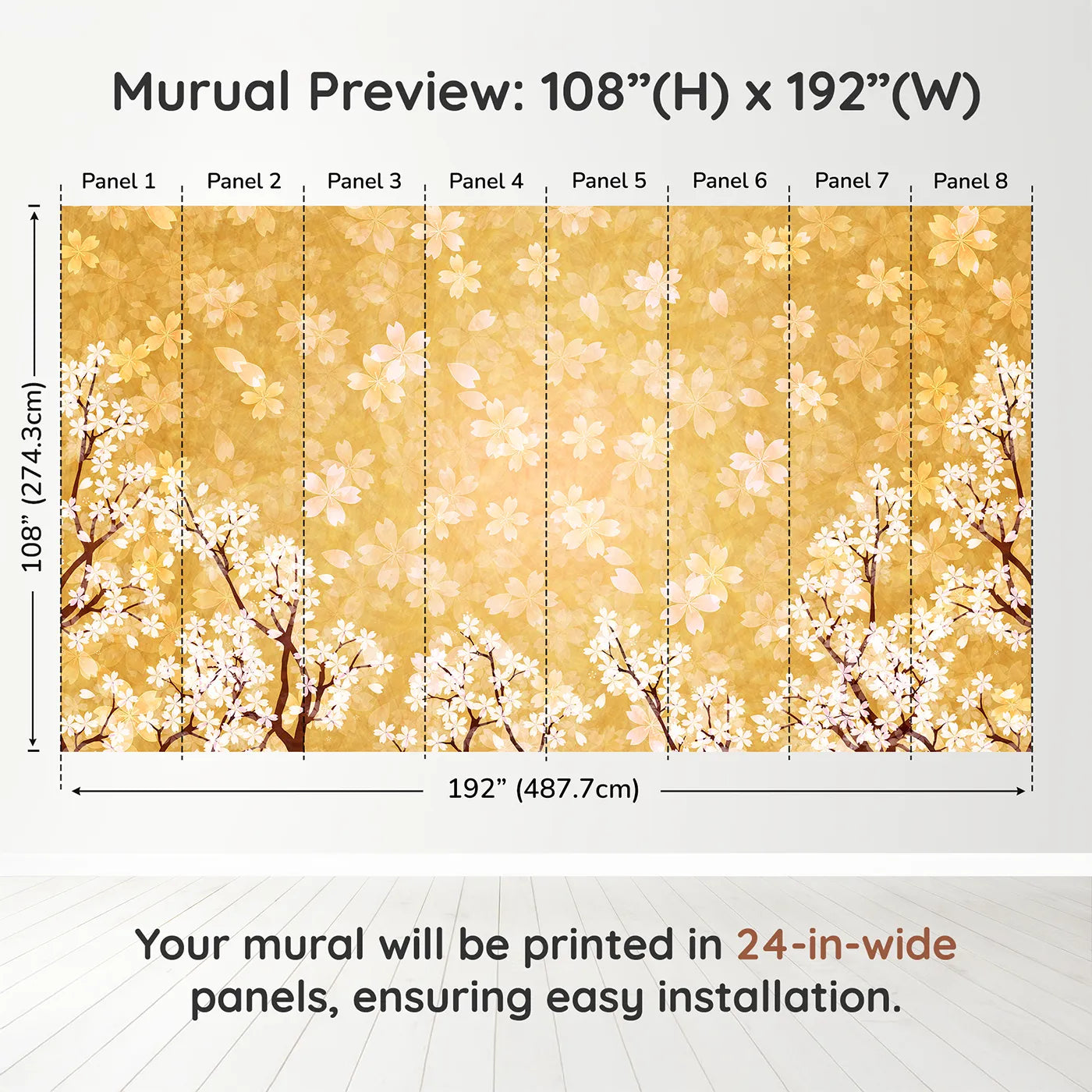Whimsy Tots Golden Blossom Wall Muraldimension view (108" H x 192" W). Printed in eight 24-inch-wide panels. Gender-Neutral