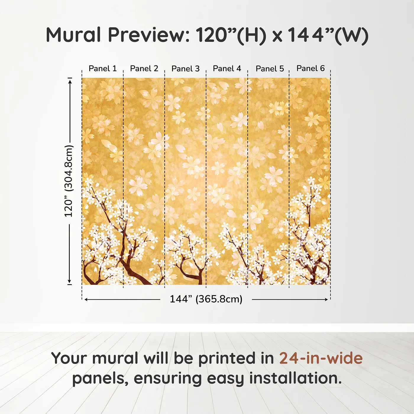 Whimsy Tots Golden Blossom Wall Muraldimension view (120" H x 144" W). Printed in six 24-inch-wide panels. Gender-Neutral