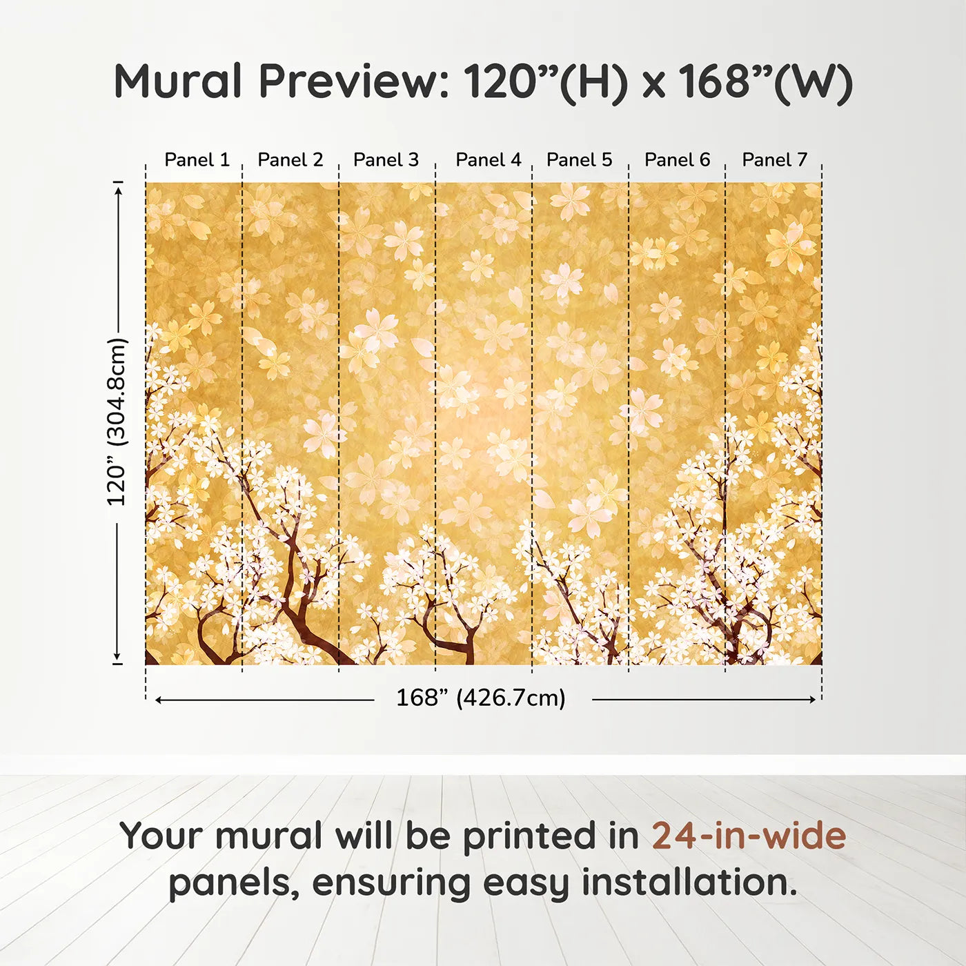 Whimsy Tots Golden Blossom Wall Muraldimension view (120" H x 168" W). Printed in seven 24-inch-wide panels. Gender-Neutral