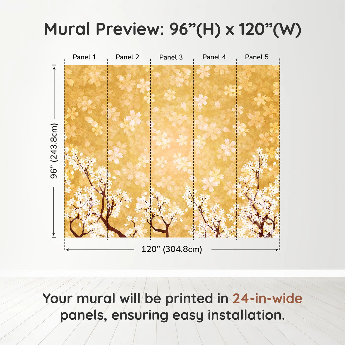 Whimsy Tots Golden Blossom Wall Muraldimension view (96" H x 120" W). Printed in five 24-inch-wide panels. Gender-Neutral