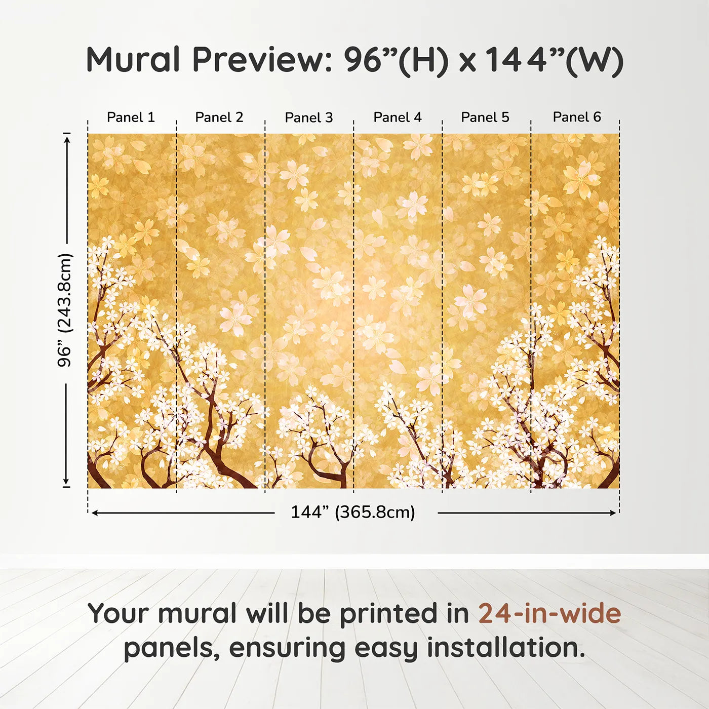 Whimsy Tots Golden Blossom Wall Muraldimension view (96" H x 144" W). Printed in six 24-inch-wide panels. Gender-Neutral