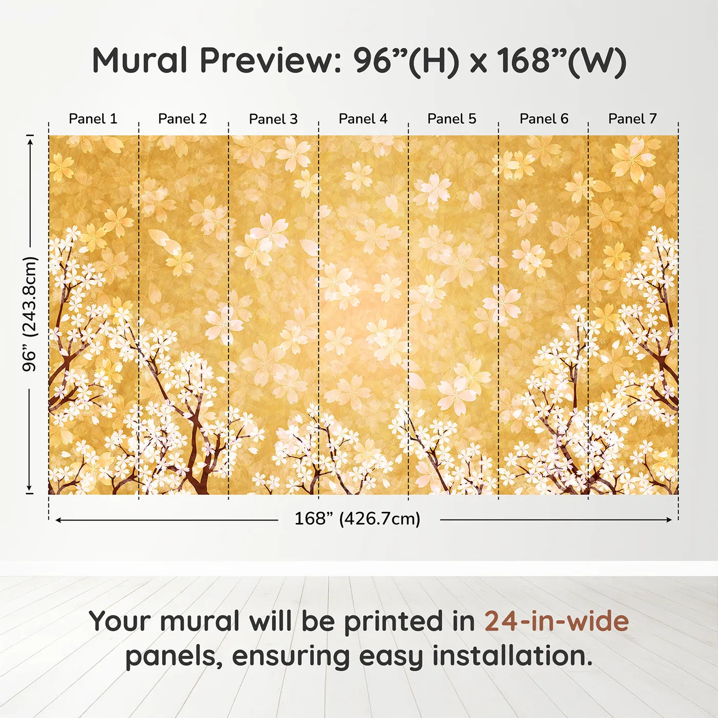 Whimsy Tots Golden Blossom Wall Muraldimension view (96" H x 168" W). Printed in seven 24-inch-wide panels. Gender-Neutral