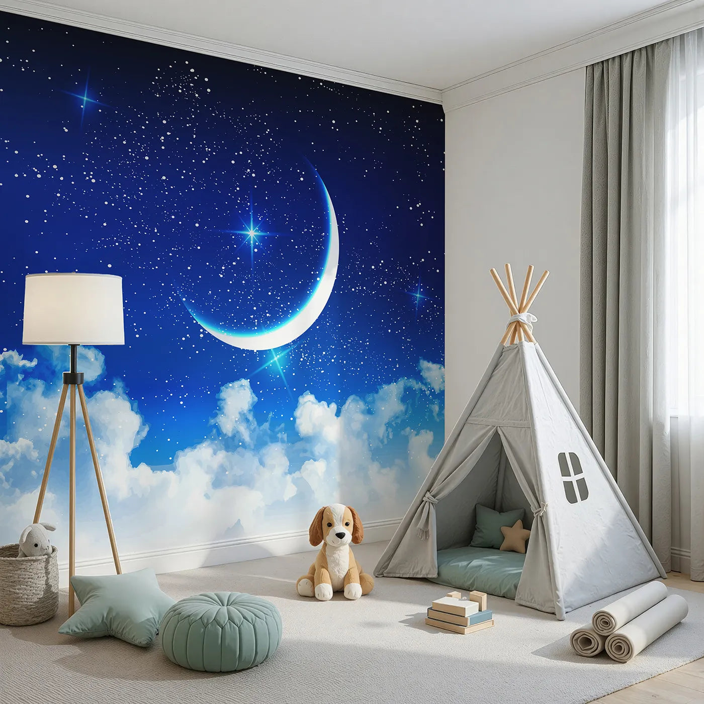 Angled view of Whimsy Tots' Starry Night Sky Wall Mural (Turn Their Room into a Breathtaking, Star-Filled Dream).Gender-Neutral