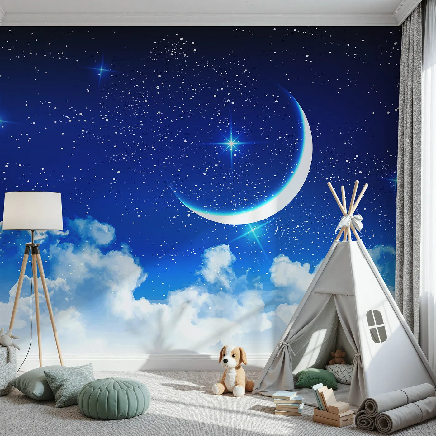 Front view of Whimsy Tots' Starry Night Sky Wall Mural