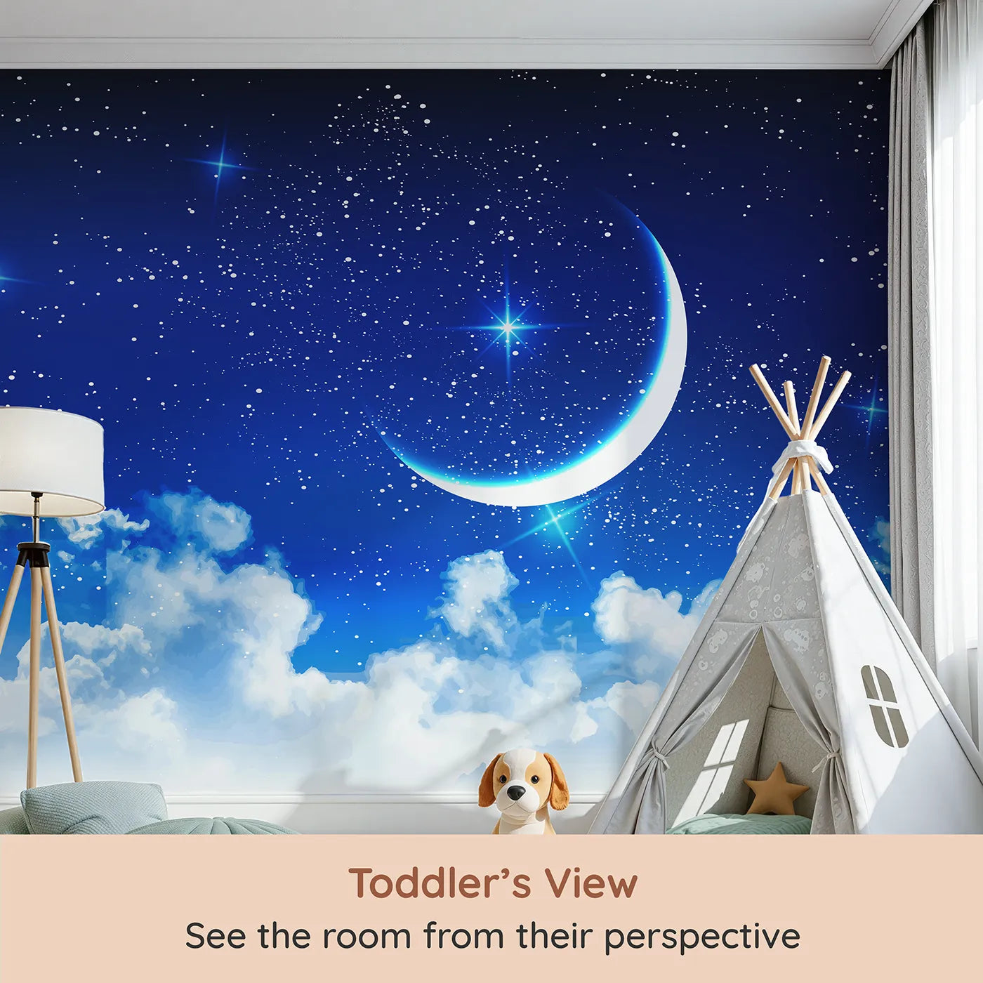 Whimsy Tots Starry Night Sky Wall Mural (Turn Their Room into a Breathtaking, Star-Filled Dream) from your child's view.Gender-Neutral