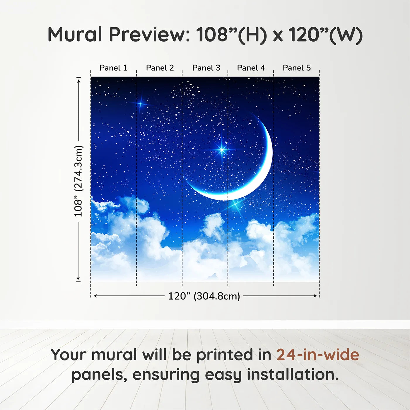 Whimsy Tots Starry Night Sky Wall Muraldimension view (108" H x 120" W). Printed in five 24-inch-wide panels. Gender-Neutral