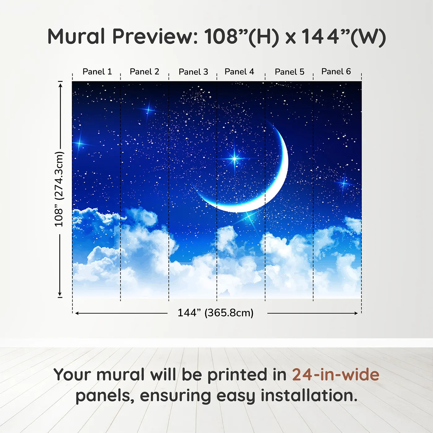 Whimsy Tots Starry Night Sky Wall Muraldimension view (108" H x 144" W). Printed in six 24-inch-wide panels. Gender-Neutral