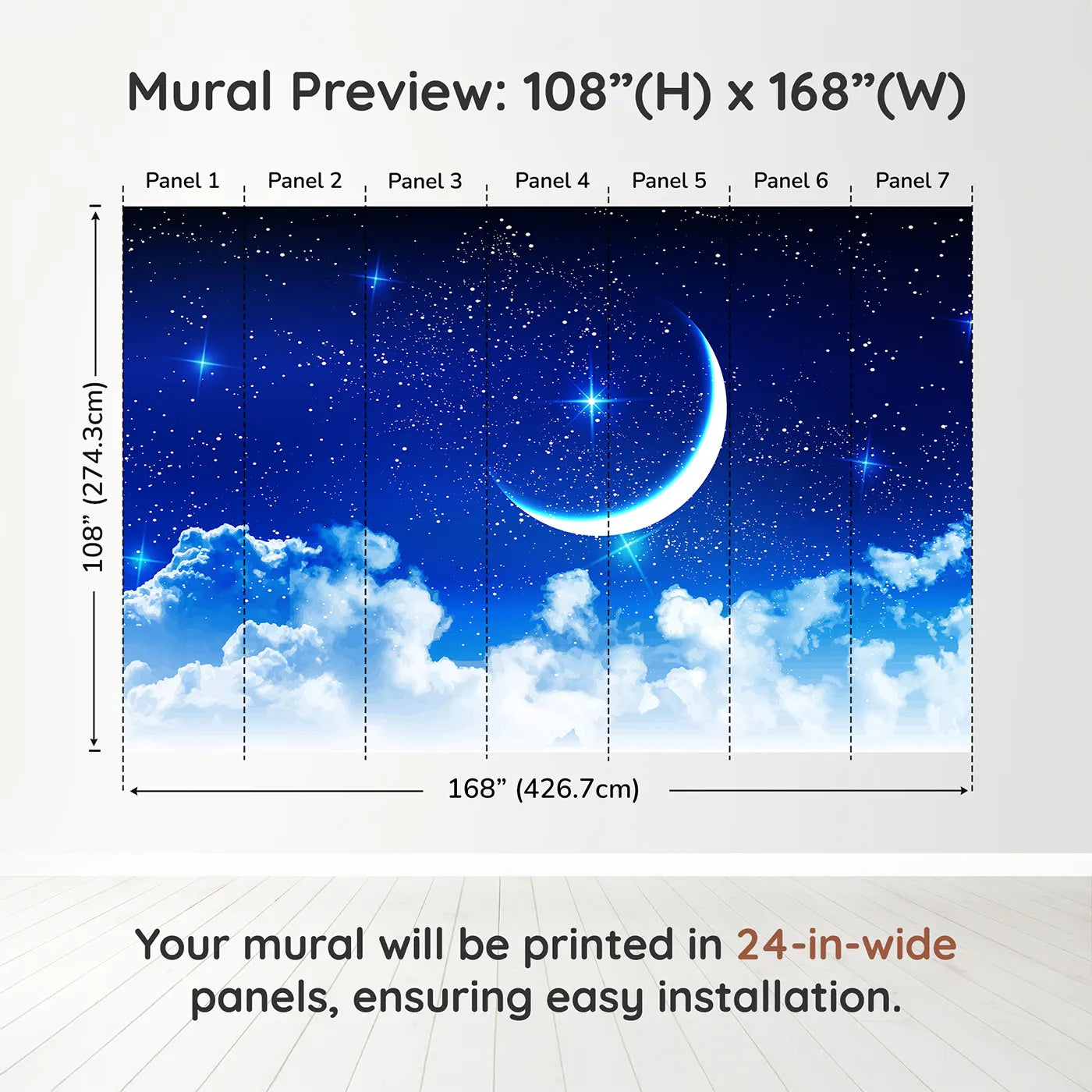 Whimsy Tots Starry Night Sky Wall Muraldimension view (108" H x 168" W). Printed in seven 24-inch-wide panels. Gender-Neutral