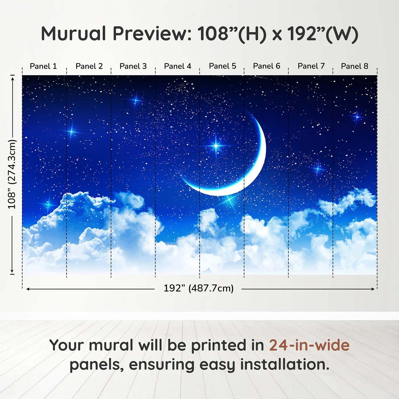 Whimsy Tots Starry Night Sky Wall Muraldimension view (108" H x 192" W). Printed in eight 24-inch-wide panels. Gender-Neutral