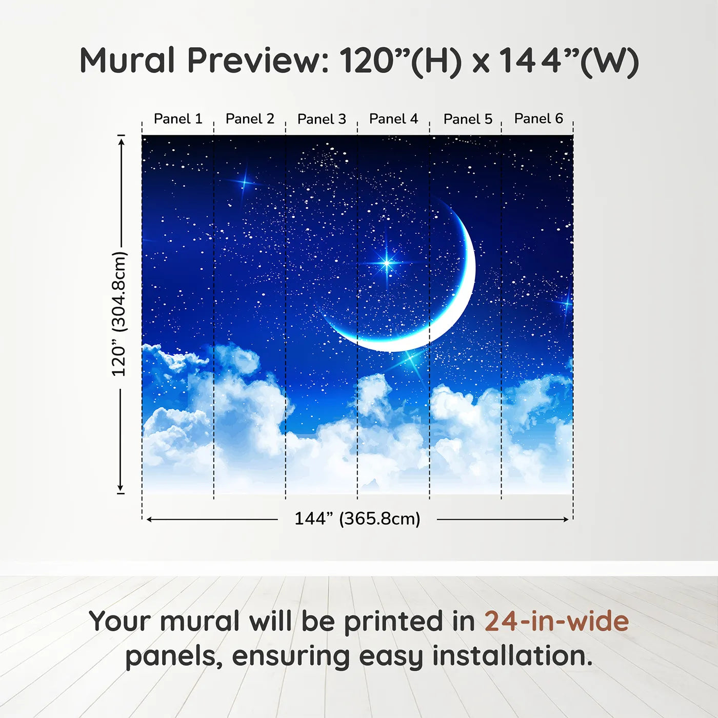 Whimsy Tots Starry Night Sky Wall Muraldimension view (120" H x 144" W). Printed in six 24-inch-wide panels. Gender-Neutral