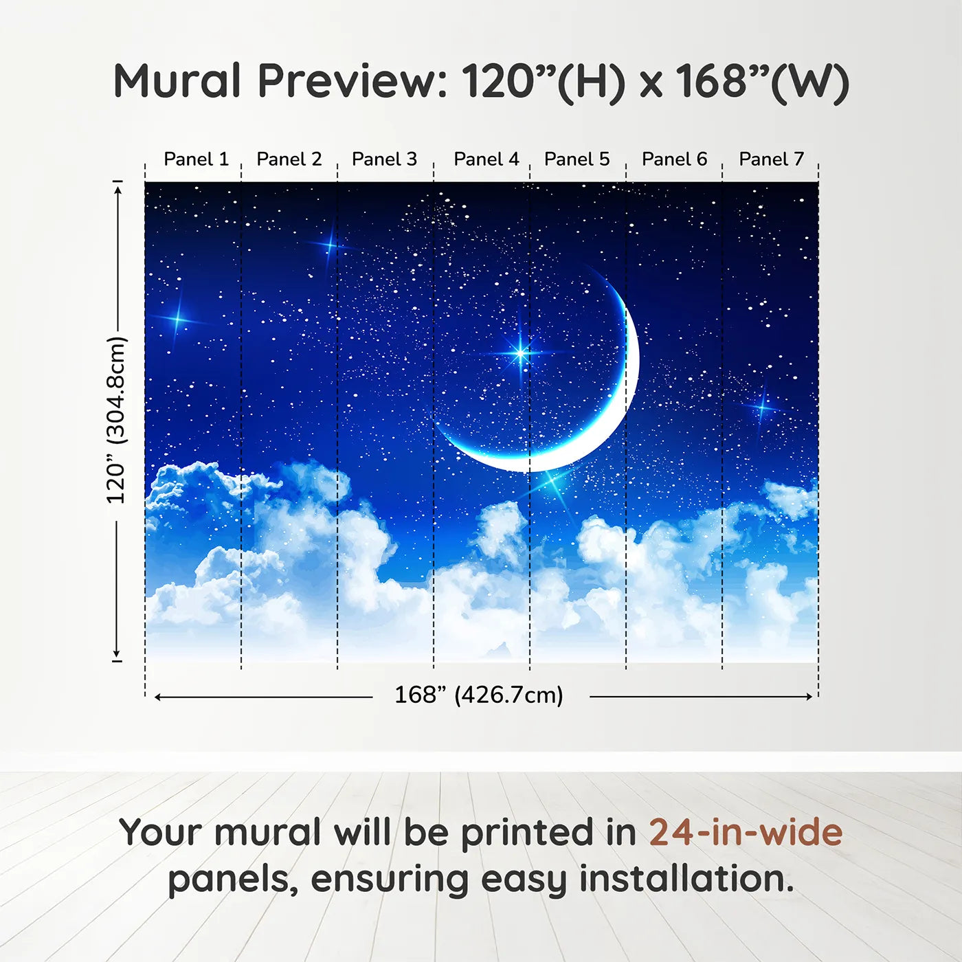 Whimsy Tots Starry Night Sky Wall Muraldimension view (120" H x 168" W). Printed in seven 24-inch-wide panels. Gender-Neutral